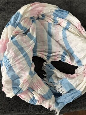 Lightweight Striped Scarf in White, Blue & Pink